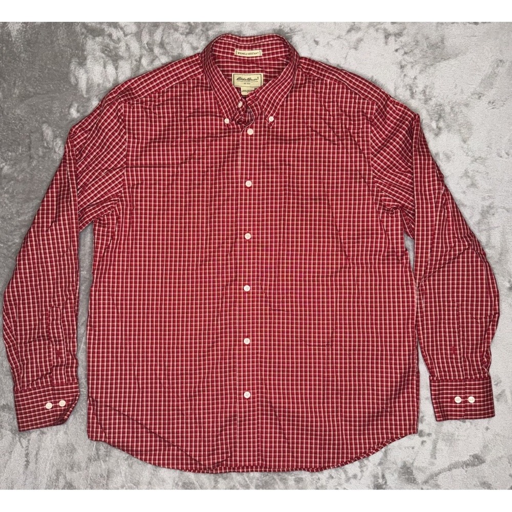 Eddie Bauer Mens Shirt L Red Plaid Wrinkle Resistant Button Down Chest Pocket